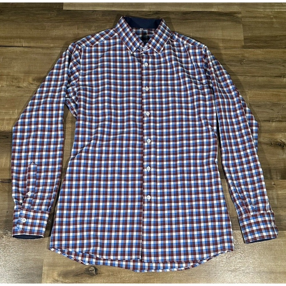 State & Liberty Men's M Red White Blue Gingham Plaid Stretchy Button Up LS Shirt